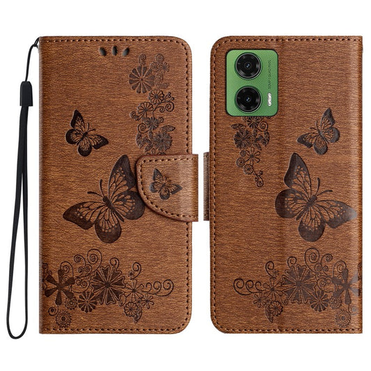 For Motorola Moto G35 5G Case Butterflies Flower Leather Wallet Flip Phone Cover - Brown