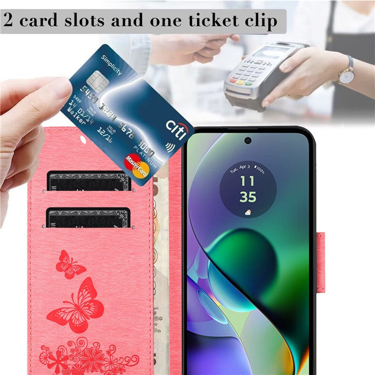 For Motorola Moto G35 5G Case Butterflies Flower Leather Wallet Flip Phone Cover - Pink