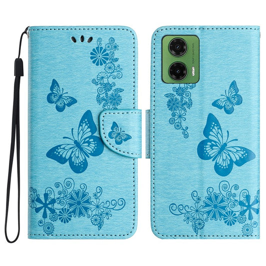 For Motorola Moto G35 5G Case Butterflies Flower Leather Wallet Flip Phone Cover - Blue