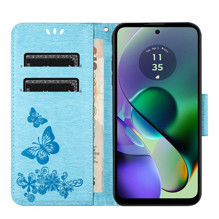 For Motorola Moto G35 5G Case Butterflies Flower Leather Wallet Flip Phone Cover - Blue