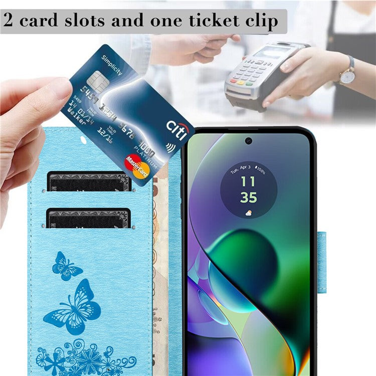For Motorola Moto G35 5G Case Butterflies Flower Leather Wallet Flip Phone Cover - Blue