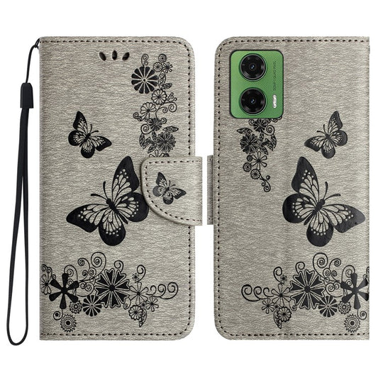 For Motorola Moto G35 5G Case Butterflies Flower Leather Wallet Flip Phone Cover - Grey
