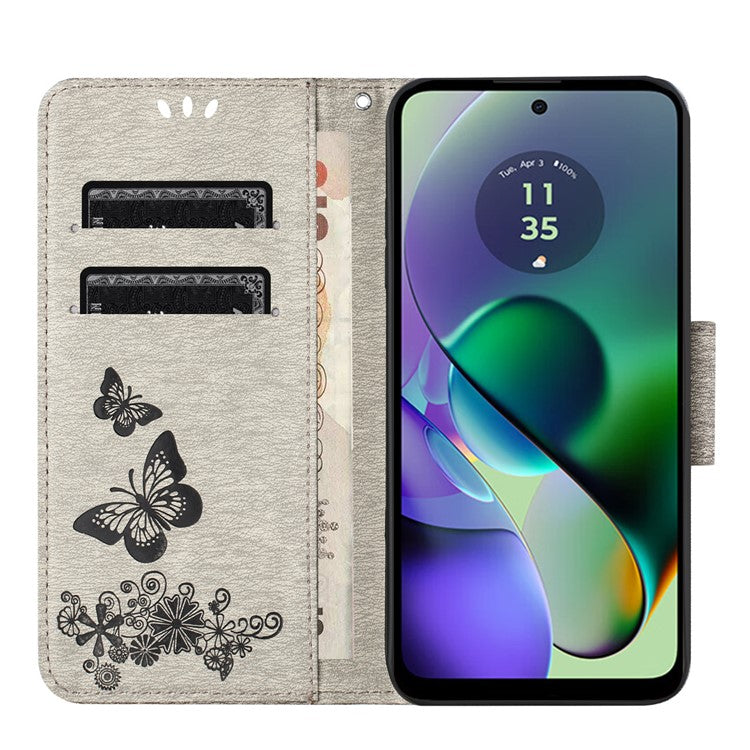 For Motorola Moto G35 5G Case Butterflies Flower Leather Wallet Flip Phone Cover - Grey