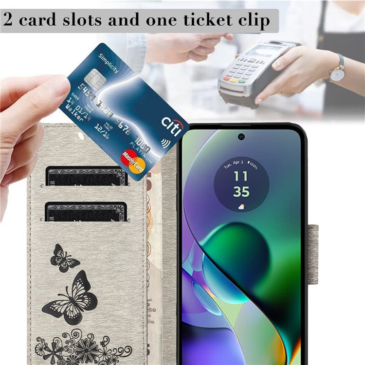 For Motorola Moto G35 5G Case Butterflies Flower Leather Wallet Flip Phone Cover - Grey