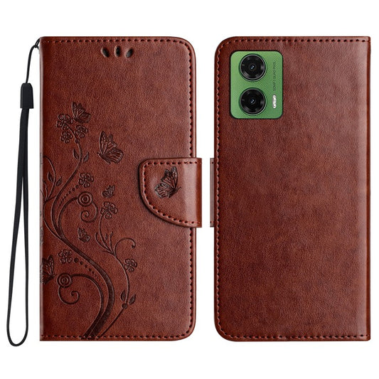 For Motorola Moto G35 5G Case Imprinted Mini Butterfly Leather Wallet Phone Cover - Brown