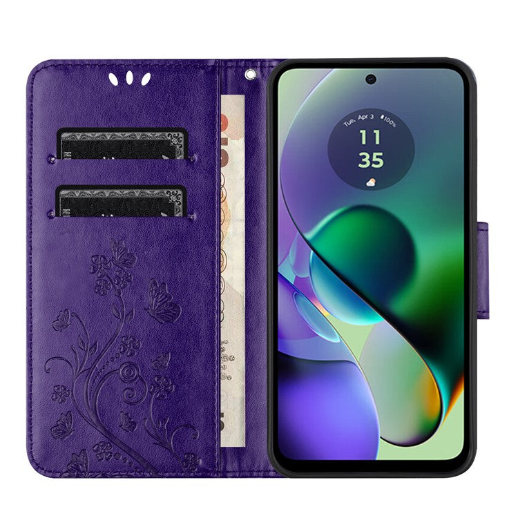 For Motorola Moto G35 5G Case Imprinted Mini Butterfly Leather Wallet Phone Cover - Dark Purple