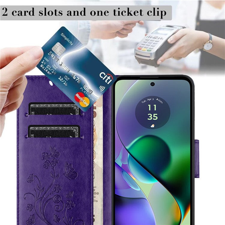 For Motorola Moto G35 5G Case Imprinted Mini Butterfly Leather Wallet Phone Cover - Dark Purple