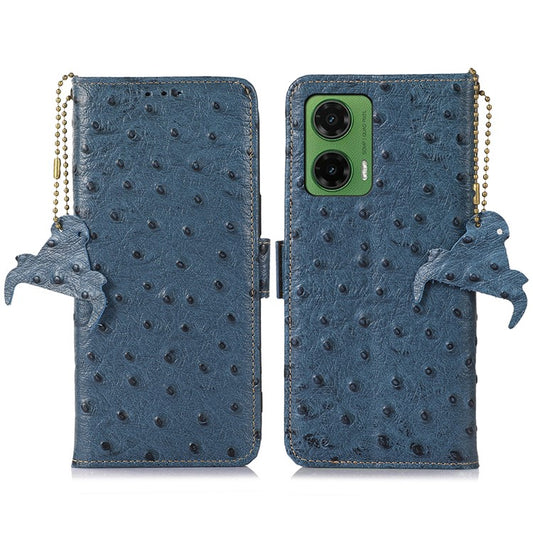 For Motorola Moto G35 5G Case RFID Blocking Genuine Cow Leather Phone Case Ostrich Texture - Blue