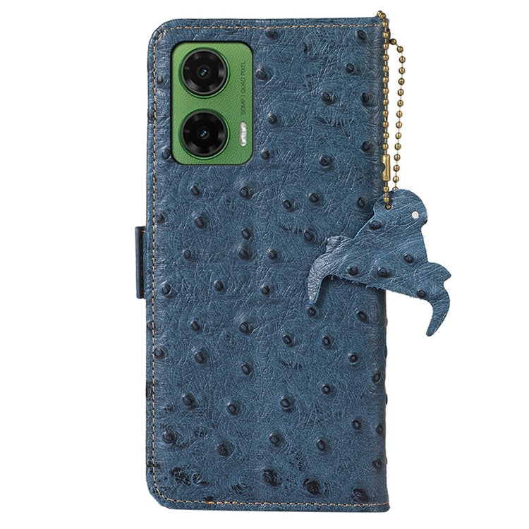 For Motorola Moto G35 5G Case RFID Blocking Genuine Cow Leather Phone Case Ostrich Texture - Blue