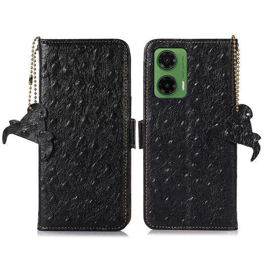 For Motorola Moto G35 5G Case RFID Blocking Genuine Cow Leather Phone Case Ostrich Texture - Black