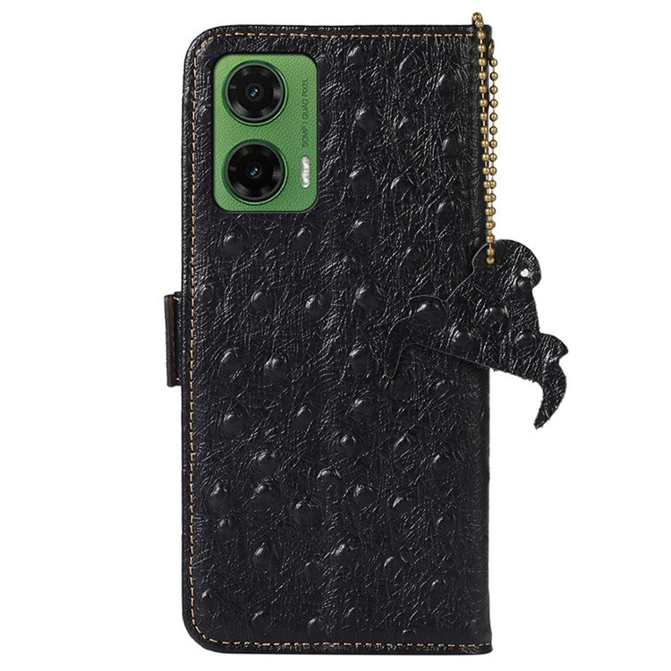 For Motorola Moto G35 5G Case RFID Blocking Genuine Cow Leather Phone Case Ostrich Texture - Black