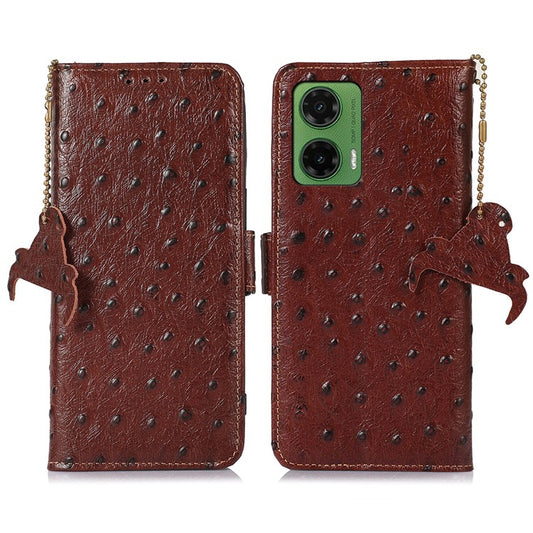 For Motorola Moto G35 5G Case RFID Blocking Genuine Cow Leather Phone Case Ostrich Texture - Coffee