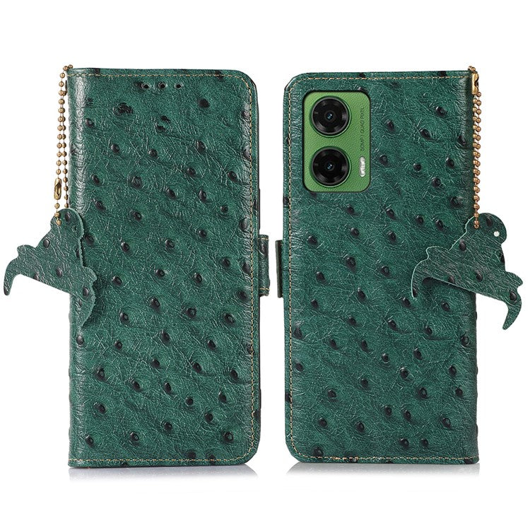 For Motorola Moto G35 5G Case RFID Blocking Genuine Cow Leather Phone Case Ostrich Texture - Green