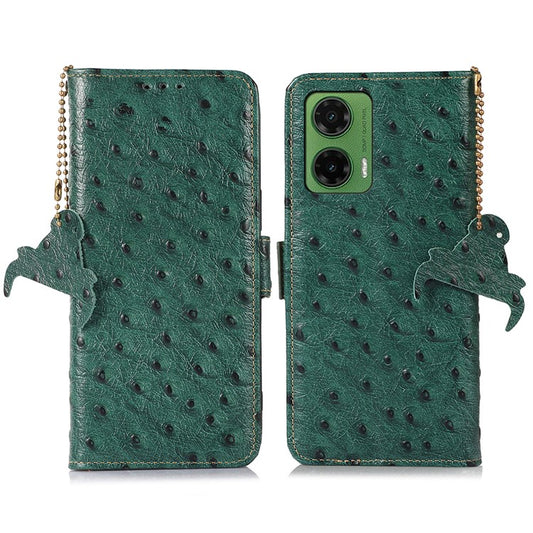 For Motorola Moto G35 5G Case RFID Blocking Genuine Cow Leather Phone Case Ostrich Texture - Green