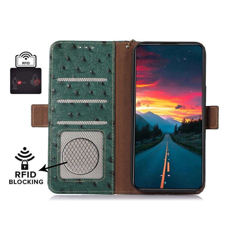 For Motorola Moto G35 5G Case RFID Blocking Genuine Cow Leather Phone Case Ostrich Texture - Green