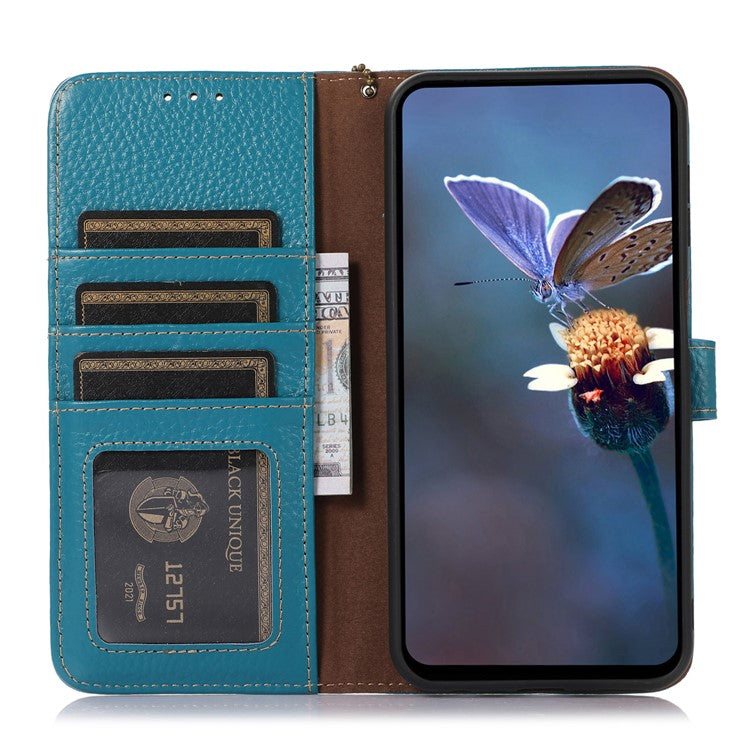 For Motorola Moto G35 5G Case RFID Blocking Litchi Texture Genuine Cow Leather Phone Cover - Blue