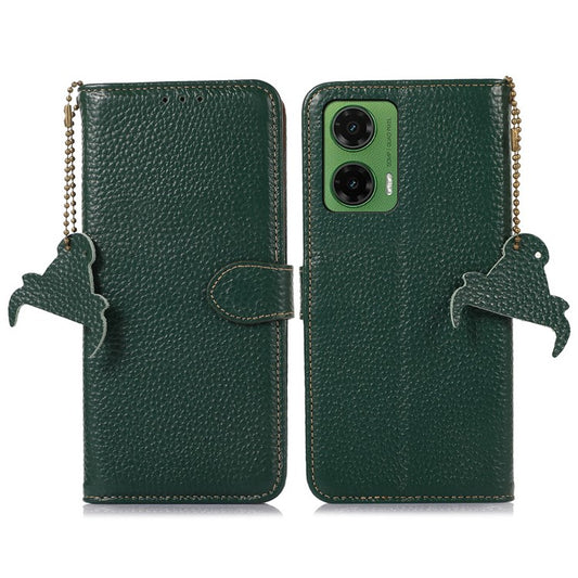 For Motorola Moto G35 5G Case RFID Blocking Litchi Texture Genuine Cow Leather Phone Cover - Green
