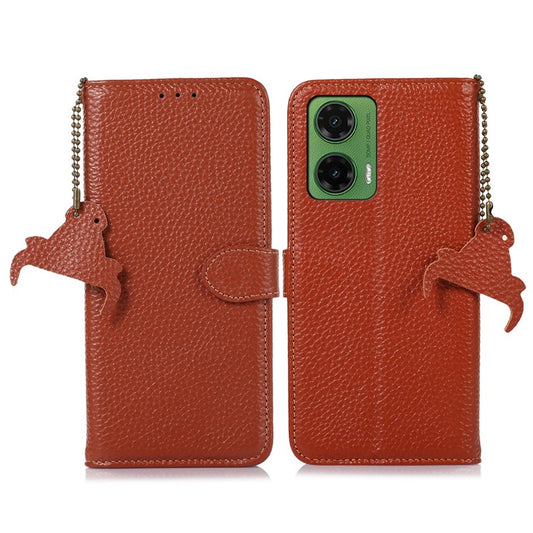 For Motorola Moto G35 5G Case RFID Blocking Litchi Texture Genuine Cow Leather Phone Cover - Brown