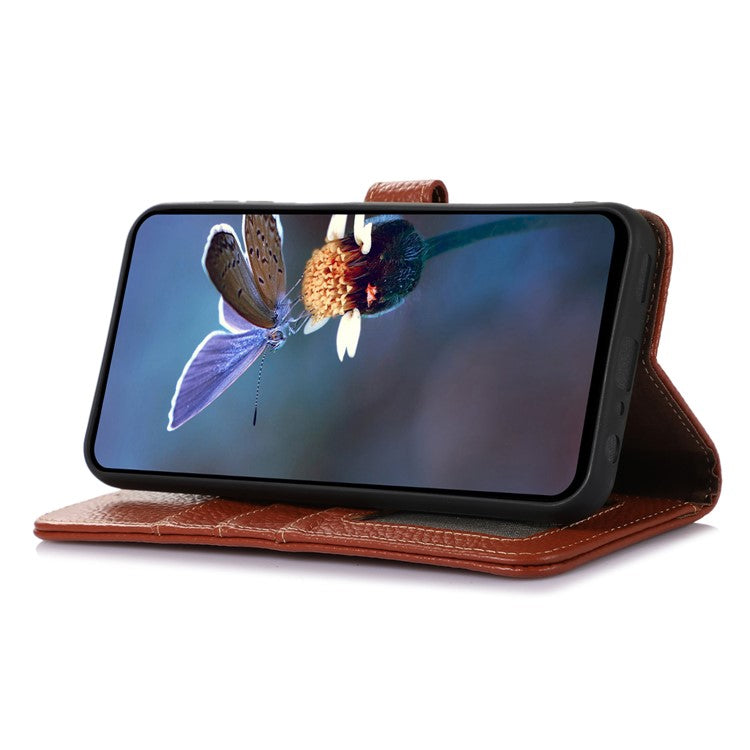 For Motorola Moto G35 5G Case RFID Blocking Litchi Texture Genuine Cow Leather Phone Cover - Brown
