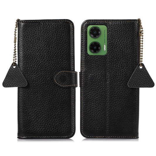 For Motorola Moto G35 5G Case RFID Blocking Litchi Texture Genuine Cow Leather Phone Cover - Black