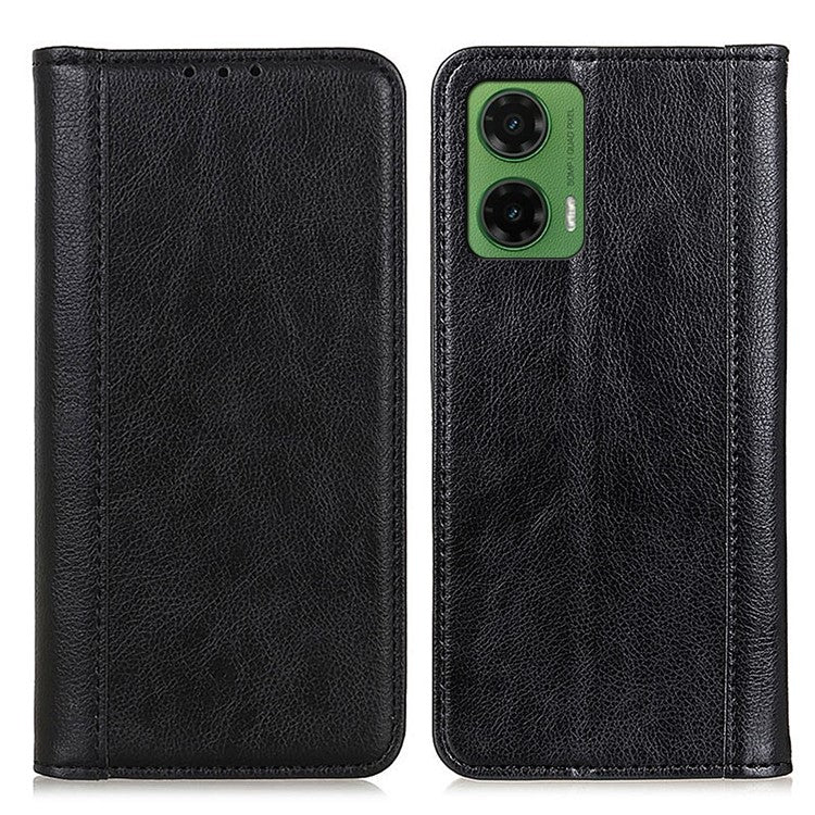 For Motorola Moto G35 5G Stand Case Split Leather Litchi Texture Wallet Phone Cover - Black