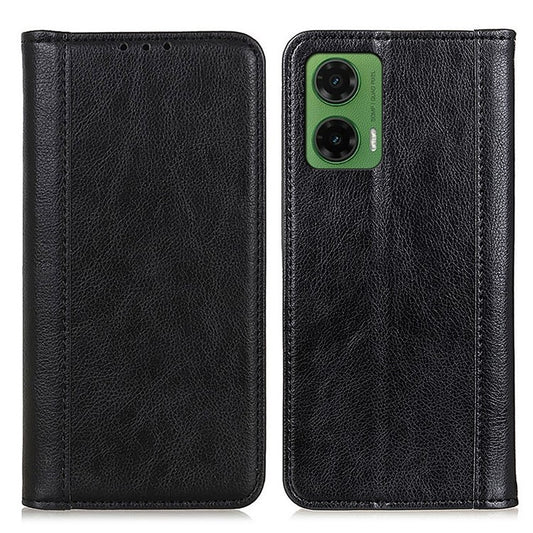 For Motorola Moto G35 5G Stand Case Split Leather Litchi Texture Wallet Phone Cover - Black