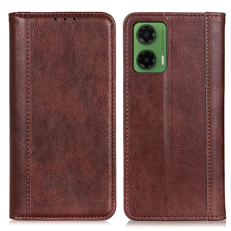 For Motorola Moto G35 5G Stand Case Split Leather Litchi Texture Wallet Phone Cover - Brown