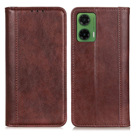 For Motorola Moto G35 5G Stand Case Split Leather Litchi Texture Wallet Phone Cover - Brown