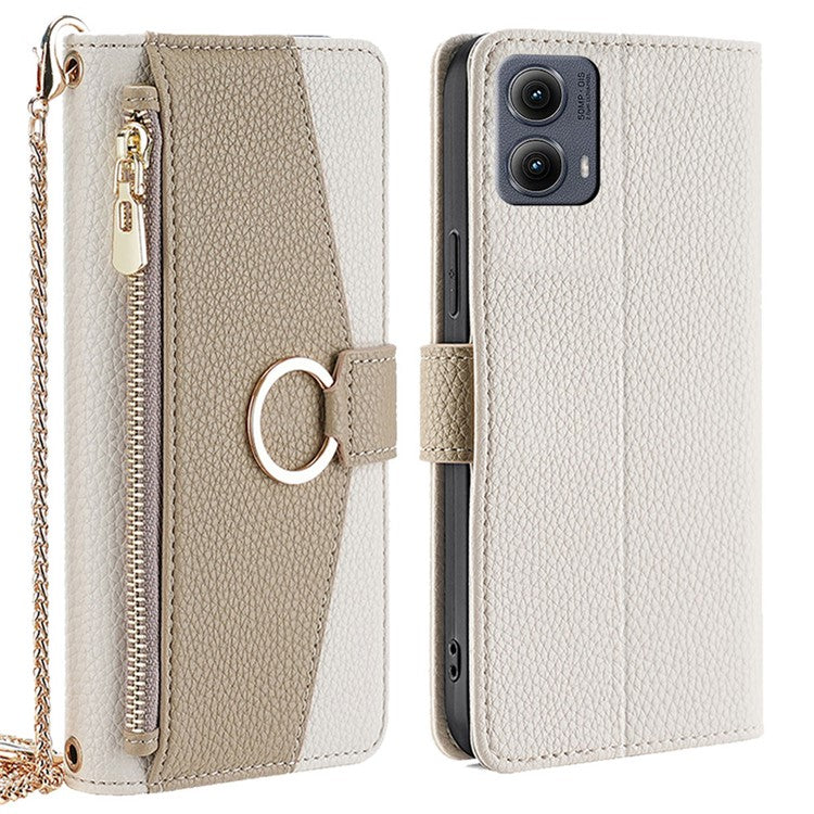 For Motorola Edge (2024) 5G Case Mirror Wallet Leather Phone Cover with Chain Shoulder Strap - White