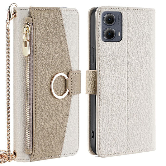 For Motorola Edge (2024) 5G Case Mirror Wallet Leather Phone Cover with Chain Shoulder Strap - White