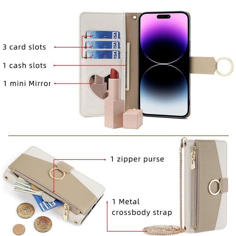 For Motorola Edge (2024) 5G Case Mirror Wallet Leather Phone Cover with Chain Shoulder Strap - White