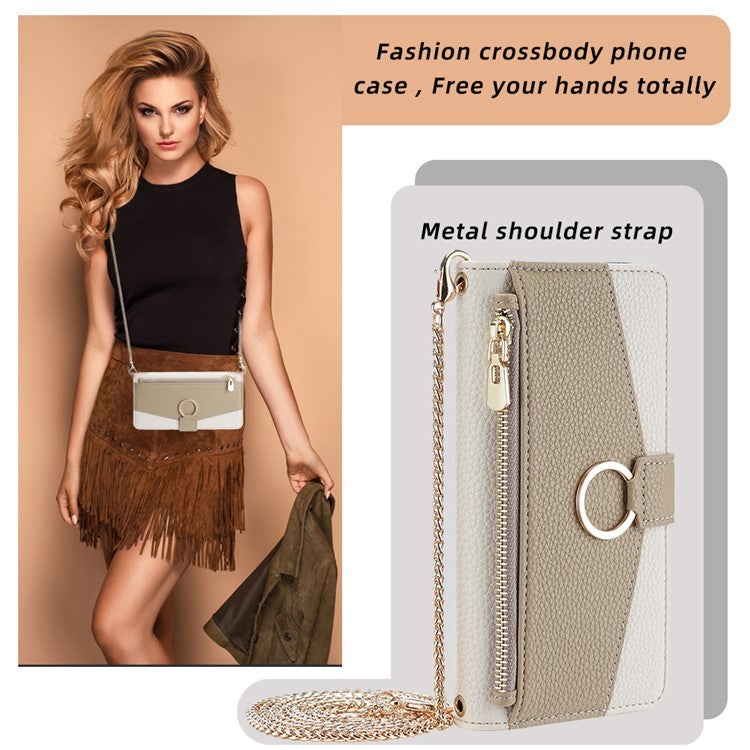 For Motorola Edge (2024) 5G Case Mirror Wallet Leather Phone Cover with Chain Shoulder Strap - White