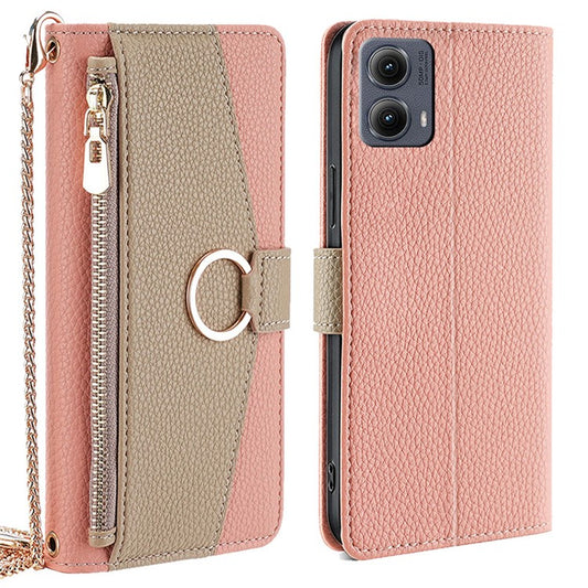 For Motorola Edge (2024) 5G Case Mirror Wallet Leather Phone Cover with Chain Shoulder Strap - Pink