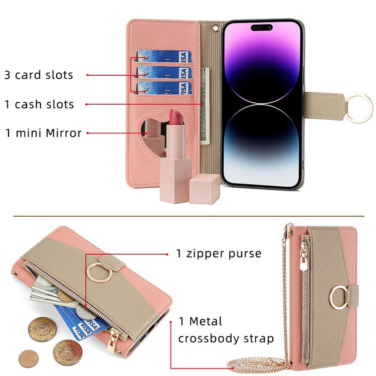 For Motorola Edge (2024) 5G Case Mirror Wallet Leather Phone Cover with Chain Shoulder Strap - Pink