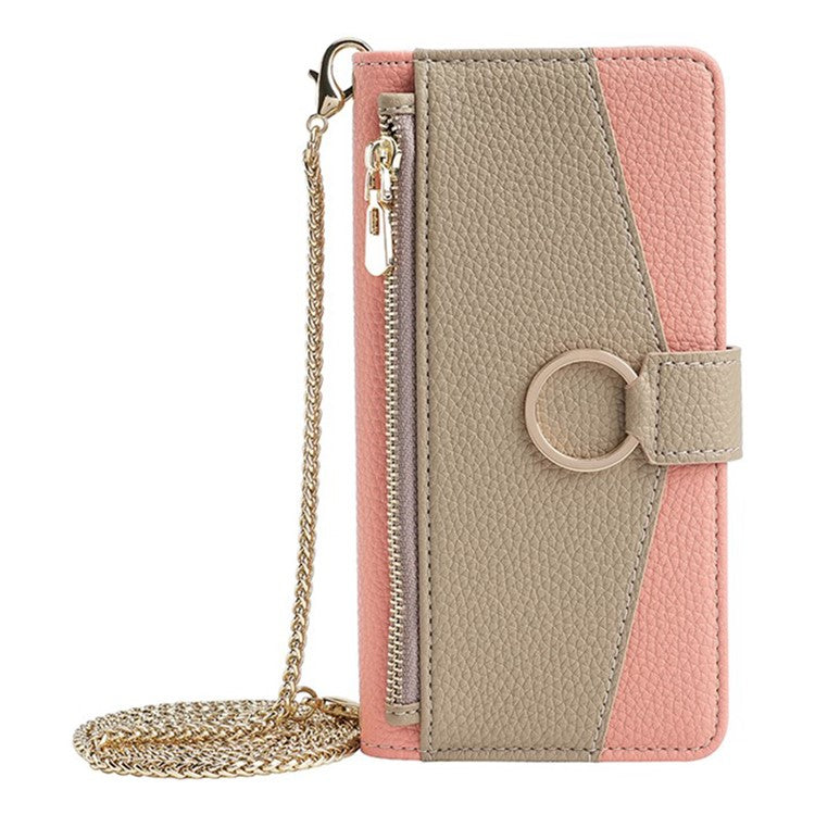 For Motorola Edge (2024) 5G Case Mirror Wallet Leather Phone Cover with Chain Shoulder Strap - Pink