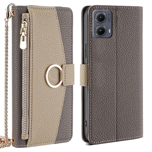 For Motorola Edge (2024) 5G Case Mirror Wallet Leather Phone Cover with Chain Shoulder Strap - Grey