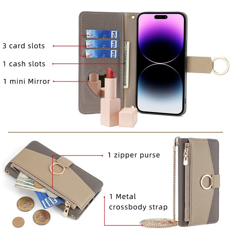 For Motorola Edge (2024) 5G Case Mirror Wallet Leather Phone Cover with Chain Shoulder Strap - Grey