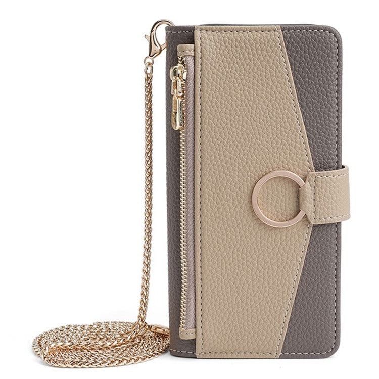 For Motorola Edge (2024) 5G Case Mirror Wallet Leather Phone Cover with Chain Shoulder Strap - Grey