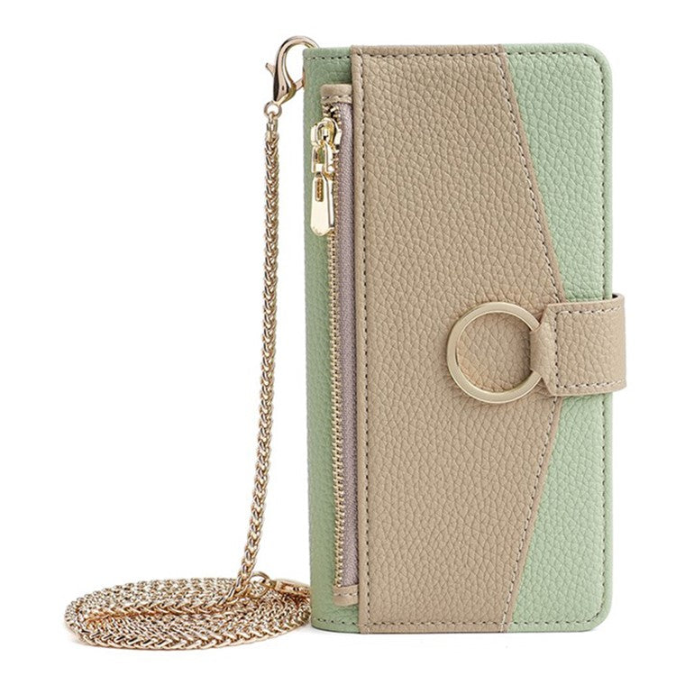 For Motorola Edge (2024) 5G Case Mirror Wallet Leather Phone Cover with Chain Shoulder Strap - Green