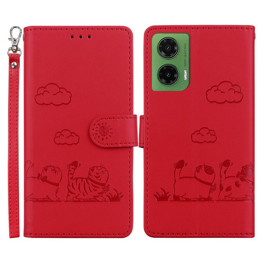 For Motorola Moto G35 5G Case RFID Blocking Kitten Pattern TPU+PU Leather Phone Cover - Red