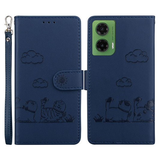 For Motorola Moto G35 5G Case RFID Blocking Kitten Pattern TPU+PU Leather Phone Cover - Blue
