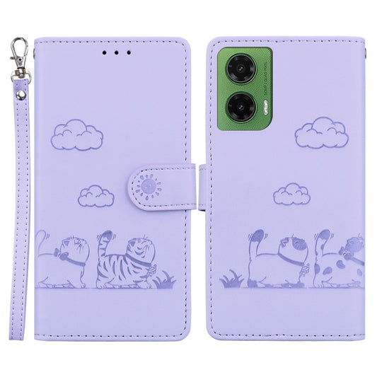 For Motorola Moto G35 5G Case RFID Blocking Kitten Pattern TPU+PU Leather Phone Cover - Purple