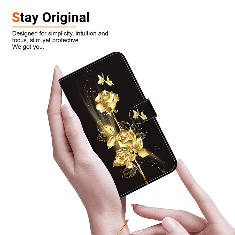 For Motorola Moto G35 5G Wallet Phone Case Anti-Drop Leather Flip Cover Pattern Printing - Gold Butterfly Rose