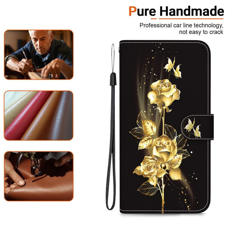 For Motorola Moto G35 5G Wallet Phone Case Anti-Drop Leather Flip Cover Pattern Printing - Gold Butterfly Rose