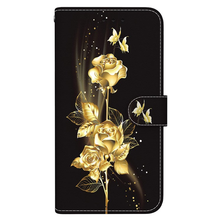 For Motorola Moto G35 5G Wallet Phone Case Anti-Drop Leather Flip Cover Pattern Printing - Gold Butterfly Rose