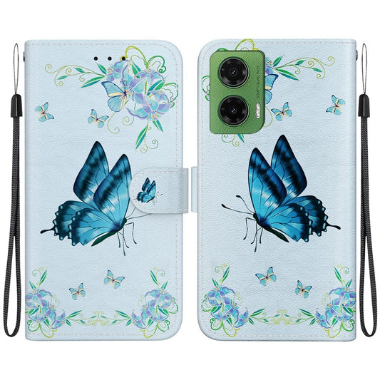 For Motorola Moto G35 5G Wallet Phone Case Anti-Drop Leather Flip Cover Pattern Printing - Blue Butterfly Flower