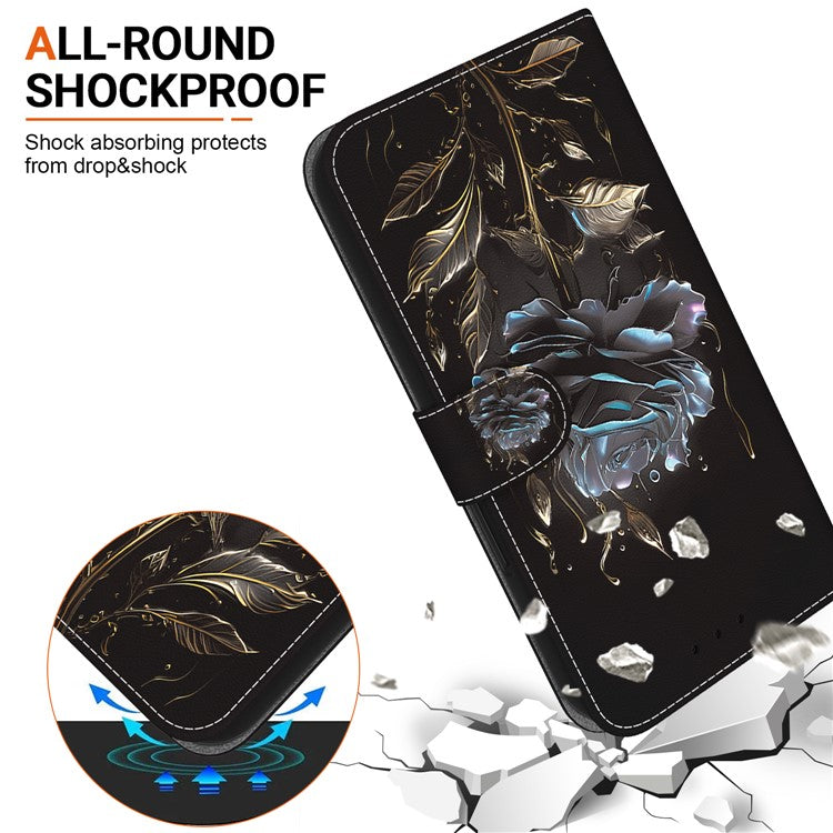 For Motorola Moto G35 5G Wallet Phone Case Anti-Drop Leather Flip Cover Pattern Printing - Black Rose