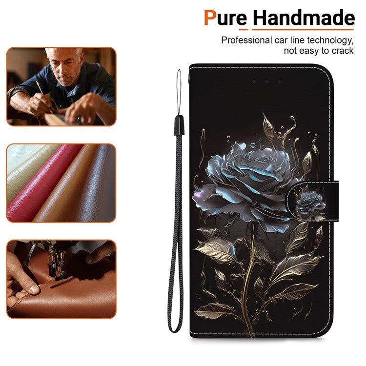 For Motorola Moto G35 5G Wallet Phone Case Anti-Drop Leather Flip Cover Pattern Printing - Black Rose