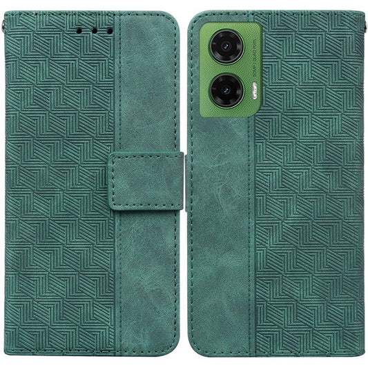 For Motorola Moto G35 5G Case Geometry Pattern Leather Wallet Phone Cover - Green
