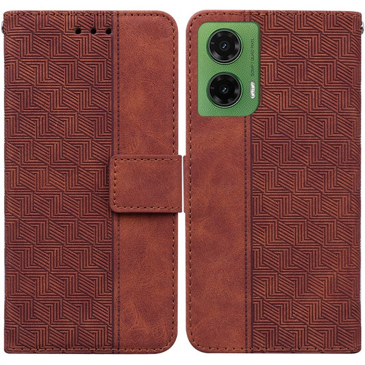 For Motorola Moto G35 5G Case Geometry Pattern Leather Wallet Phone Cover - Brown
